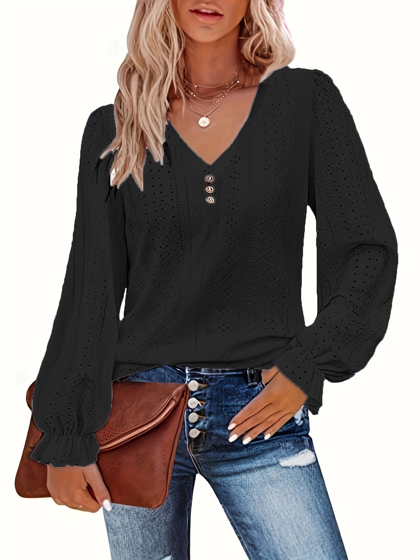 Hollowed Leisure Pleated Sleeve Top
